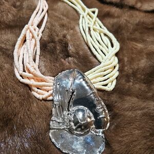 Light Pink & Ivory Colored Bone & Silver Tone Metal Necklace